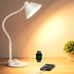 Modern White DC Desk Lamp Flexible Gooseneck USB Charging Port Metal Shade Iron Body 6000K Reading Room Lighting High CRI 90