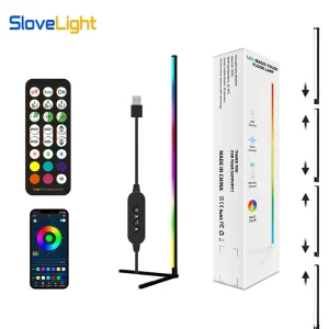 Modern White LED Corner Floor Lamp with RGB Color Changing Light 2.4G APP & Remote Control Dimmable for Living Room & Bedroom