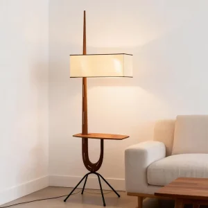 Modern Wood Floor Lamp with Integrated Shelf and Fabric Shade Functional Tripod Standing Light for Living Room & Hotel Lounge