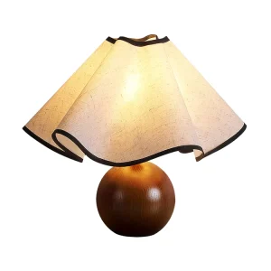 Modern Wooden Table Lamp Scalloped Fabric Shade & Walnut Base for Bedside & Console