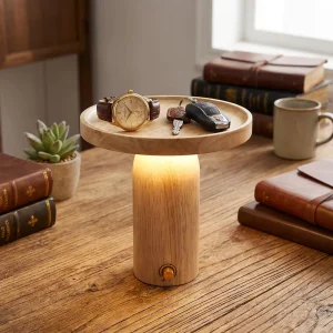 Modern Wooden Tray Table Lamp LED Battery Operated Middle Size Bedside Night Light Ambient Mood Lamp for Bedroom Home Decor