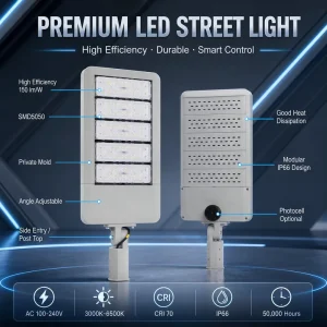 Modular IP66 LED Street Light AC100-240V Outdoor Area Lamp with Photocell, Dimmable