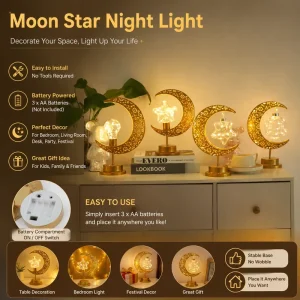 Moon Star Decorative Night Light Warm White Battery Powered Table Lamp for Home Bedroom Living Room Wedding Gift
