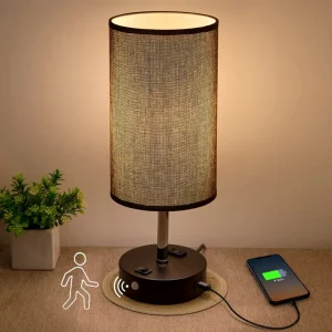 Motion Sensing Desk Lamp Fabric Lampshade Wooden Grain with Infrared Touch Dimming Small Night Light