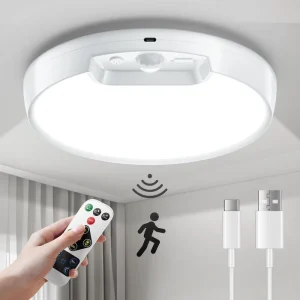 Motion Sensor LED Ceiling Light 7.5 Inch White ABS Remote 5000mAh Battery Powered Rechargeable Downlight