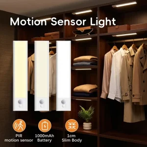 Motion Sensor LED Strip Lights Dimmable USB Rechargeable Wireless Stick-On Night Lamp for Stairs Steps Closet