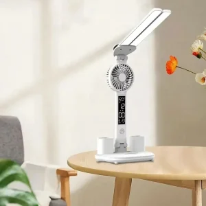 Multifunction LED Table Lamp 2 headed Calendar Clock USB Rechargeable Desk Writing Lamp 3 Color Fan Reading Night Light