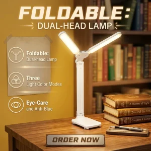 Multifunctional Battery Powered Dual head Touch Control LED Desk Lamp Modern White Shade Dimmable Adjustable Color Temp Reading