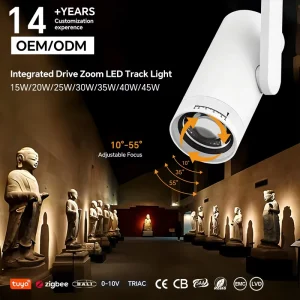 Museum Track Lighting Fixture LED Zoomable COB Spotlight 15W-45W CRI>90 Dimmable for Art Galleries, Factory Direct