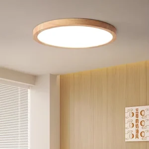 Natural Solid Wood Metal Living Room Bedroom Ceiling Light with Nordic Style Round Design