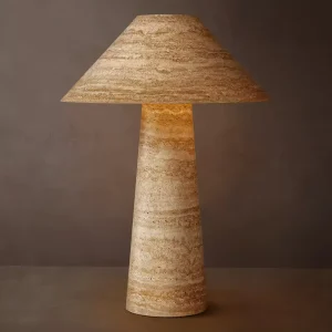 Natural Travertine Stone Brass Conical Mushroom Table Lamp Japandi Wabi Sabi Minimalist Bedside Living Room E26 Home Fixture