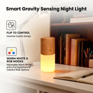 Natural Wood Flip Lamp with Gravity Induction RGB Breathing Light, 2-in-1 Color-Changing Rechargeable