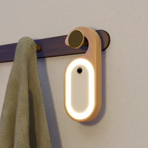 Natural Wood Rechargeable LED Night Light with PIR Motion Sensor Medium Size Battery Included for Home Hallway Bedroom