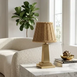 Natural Woven Rechargeable Ambient Lighting with Brushed Metal Stand Modern Rattan Cloche Table Lamp Minimalist