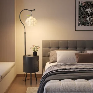 New Chinese Style Floor Lamp with Side Table & Drawer Zen Lantern Standing Light for Living Room Sofa & Bedroom Headboard