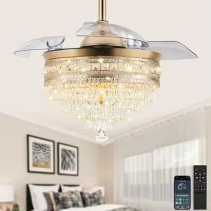 New USA 42 Inch Modern Crystal Glass Chandelier Retractable LED Ceiling Fan Lamp with Remote Control Light