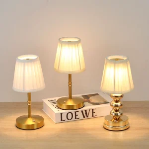 Nodric Design Golden Base Cordless Table Lamp with Fabric Shade for Home Wedding Decor Restaurant Dinner Table Lamp