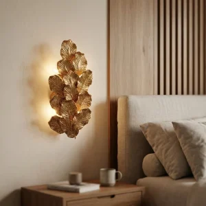 Nordic Copper Leaf Sconce Modern Metal Petal Lamp Backlit Indoor Wall Light for Bedroom Bedside Living Room Hotel Decor