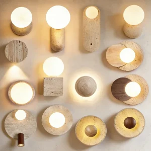 Nordic LED Walnut Wood Round Travertine Wall Sconce Wabi Sabi Yellow Travertine Series Bedside Wall Light