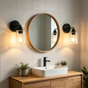 Nordic Matte Black Wall Lamp Sconce with Water Pattern Glass Shade E26/E27 Indoor Vanity Lighting for Bathroom Powder Room Porch
