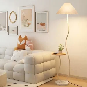 Nordic Minimalist Pleated Floor Lamp with Storage Shelf Tray Side Table S Curved LED Standing Reading Light for Study