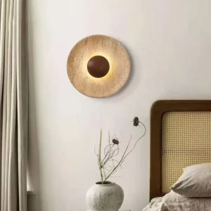 Nordic Minimalist Retro Wall Lamp Natural Travertine & Walnut Wood Sconce for Bedroom Villa Living Room & Hote