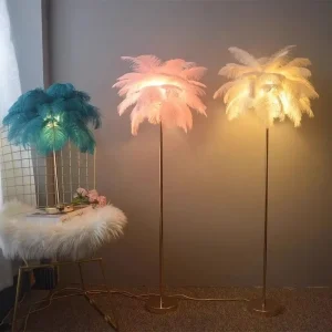 Nordic Modern LED Floor Lamp Ostrich Feather Shade Golden Metal Feather Construction Dimmable High Brightness for Hotel Bedroom