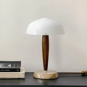 Nordic Modern Style LED Table Lamp Warm White Light Touch Control Walnut Wood Base Glass Shade Battery Powered for Bedroom