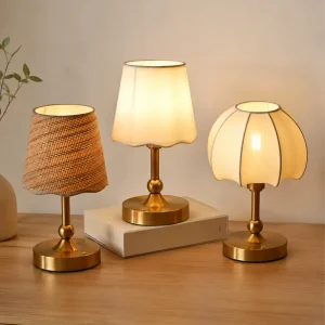 Nordic Style Gold Metal Table Lamp with Fabric Lampshade Dimmable LED Desk Lamp for Bedroom Nightstand