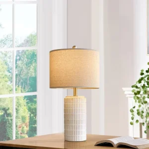 Nordic Style Modern White Ceramic Bedside Table Lamp with Linen Shade