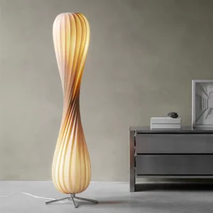 Nordic Wabi Sabi Round Wavy Shaped Floor Lamp with Remote Control Artistic Wooden Base Metal Shade Home Decor Bedroom