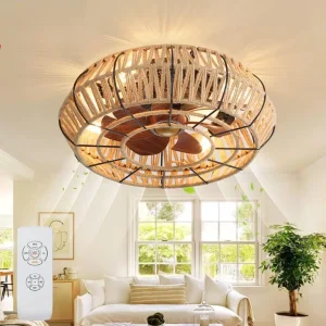 North America 220V Hotel Bedroom Industrial Led Rattan Ceiling Fan Light
