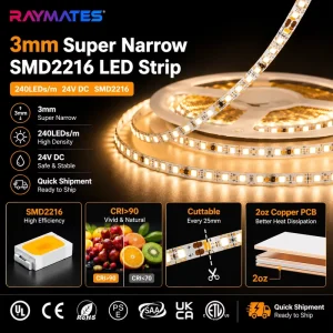 OEM Accept Manufacturer SMD Tape for Cabinet Lighting Smart Rope LED Strip Light Small 3mm Thin 240LED SMD2216 Super Narrow