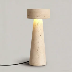 OEM ODM Natural Yellow Travertine LED Table Lamp Wabi Sabi Round Cone Travertine Desk Lamp for Bedroom Dining Room