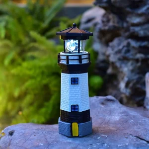 Outdoor Solar Powered Resin Lighthouse Garden Ornament Handmade Rotating Lawn Flowers Decorative Lights IP68 Rating Battery