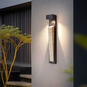 Outdoor Waterproof Motion Sensor LED Wall Lamp Stainless Steel Frame Black Travertine Glass Lampshade IP65 Rated Warm White