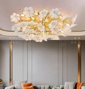 PM Handmade Glass Flower Luxury Ceiling Lamp Petal Design Aluminum Branch Decoration Living Dining Bedroom Crystal Ceiling Light