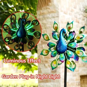 Peacock Metal Wind Spinner Stake Solar Powered Color Changing LED Waterproof Weather Resistant Garden Lawn Ornament Outdoor