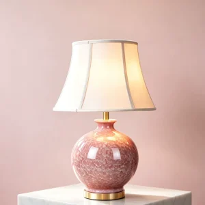 Pink Crackle Glaze Ceramic Table Lamp White Fabric Shade Bedroom Bedside Desk Lamp Hotel Villa Indoor Decor Lighting