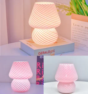 Pink Green Yellow Cream Striped Mushroom Lamp Instagram Retro Cute Bedside Ambient Night Light for Bedroom Dorm Girl Gift Decor