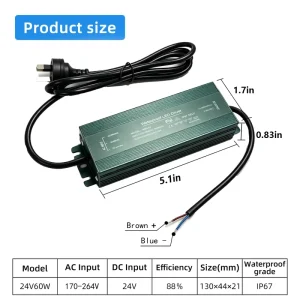 Plug and Cable IP67 Waterproof AC 110-130V Input for Indoor and Outdoor LED Strip Lights