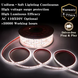 Plug and Play 110V/220V 2835 LED Strip Light IP67 50m/100m Roll Finished Tape for Hotel, Mall, and Project Lighting
