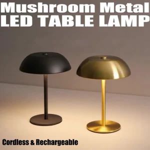 Portable LED Mushroom Table Lamp Cordless Gold Shade 3-Color Stepless Dimming Touch Control for Coffee Table Restaurant Wedding