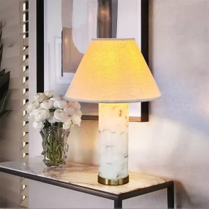 Portable Table Lamp with Linen Shade Cordless Touch Dimmable Marble Desk Light Fixture for Bedroom Bedside Restaurant