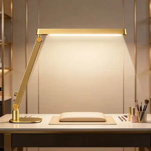 Professional 36W Manicure Salon LED Table Lamp 3 in 1 Half Moon Gold Nail Desk Light with Hand Rest and Phone Holder