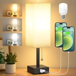 Pull Chain Square Fabric Table Lamp with USB A+C Charging Ports Modern Bedside Desk Lamp for Bedroom Study Office