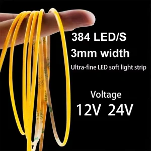 Quick Delivery 3mm Ultra Fine COB LED Strip 384LEDs M 12V 24V Dot Free Seamless for Narrow Hidden Track Cabinet Decoration