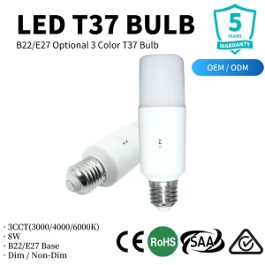RCM SAA Approved LED T37 Lamp 8W 3CCT Selectable Color Temperature 100 lm/W Cylindrical Bulb