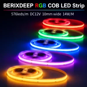 RGB 576 LEDs/m 10mm 12V COB LED Strip Color Changing Dotless Cuttable Flexible Self-Adhesive Tape Light for Party Decor and KTV