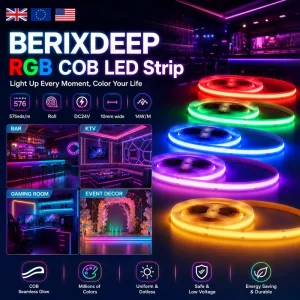 RGB COB LED Strip Roll 576 LEDs/m DC24V 10mm Flexible Flicker-Free Color-Changing Dotless Bendable for TV Backlighting